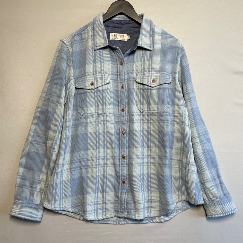 Outerknown Blanket Shirt Light Blue Plaid Flannel Button Up Mens M L Casual Warm